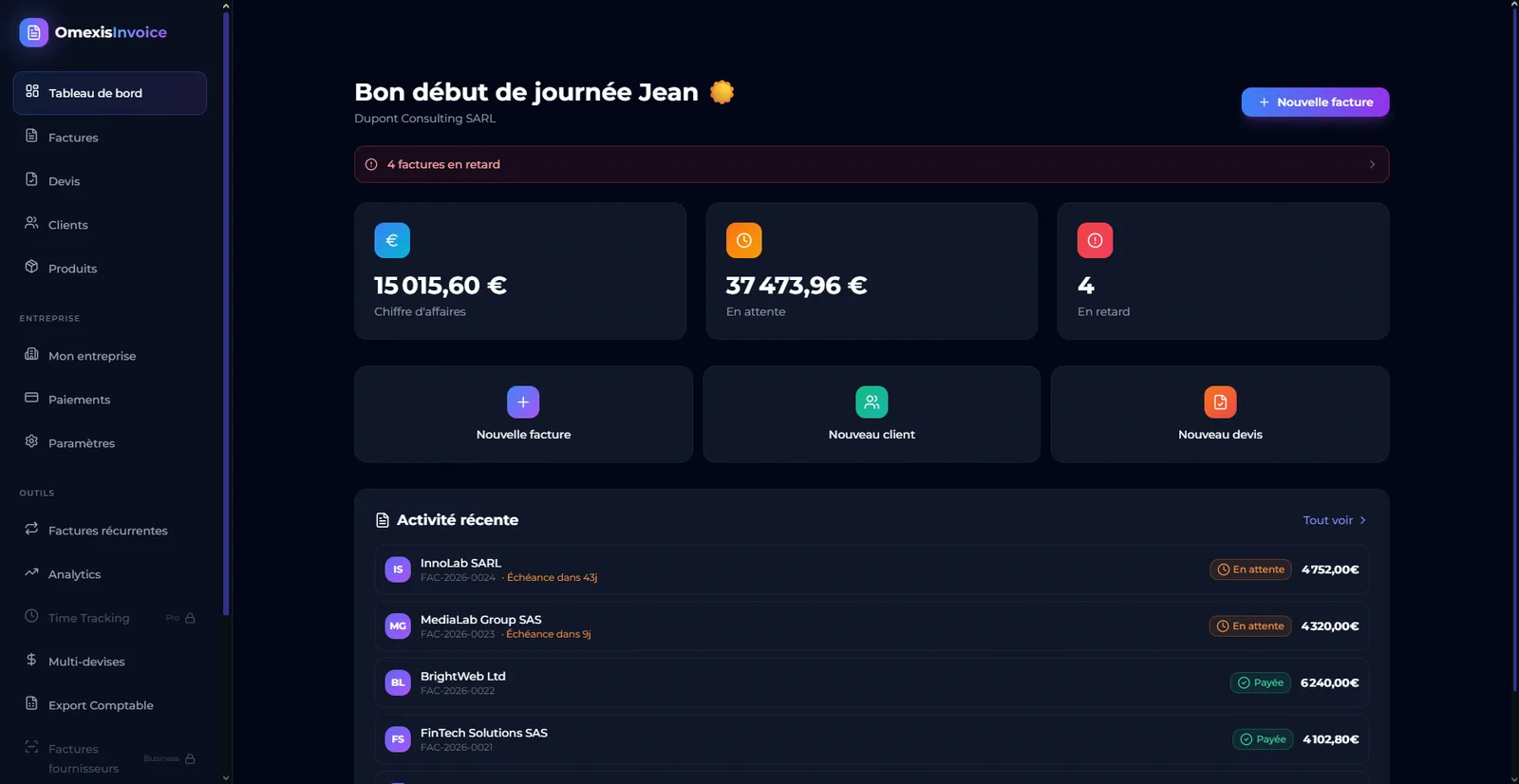 Tableau de bord Omexis Invoice