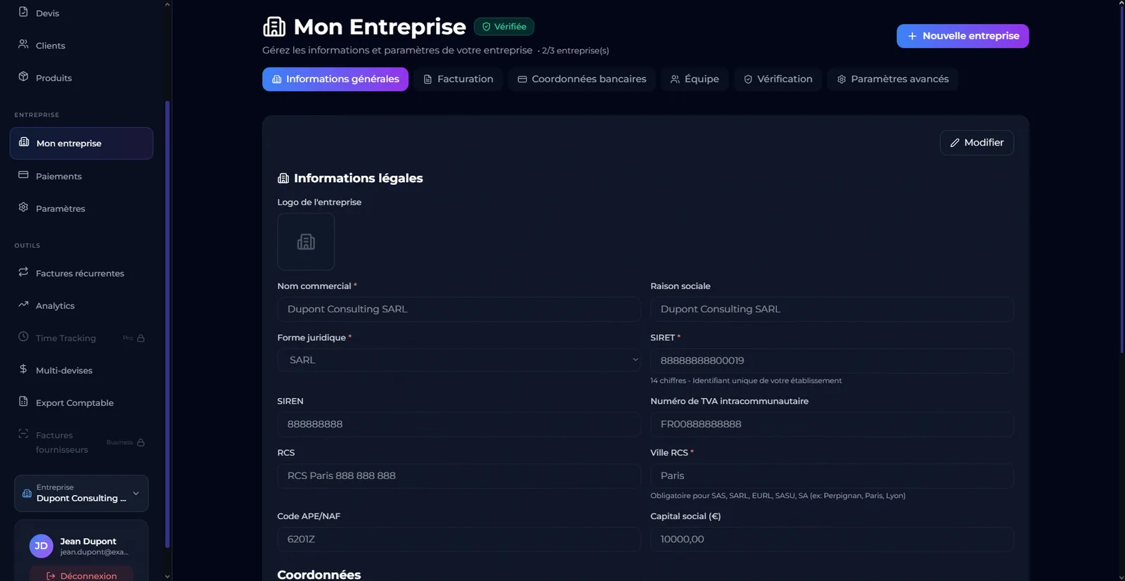 Paramètres entreprise